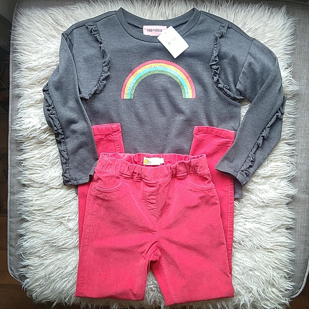 Boden Red Corduroy Pants and Mia Chica Rainbow Top 2 Piece Lot Size 9Y M